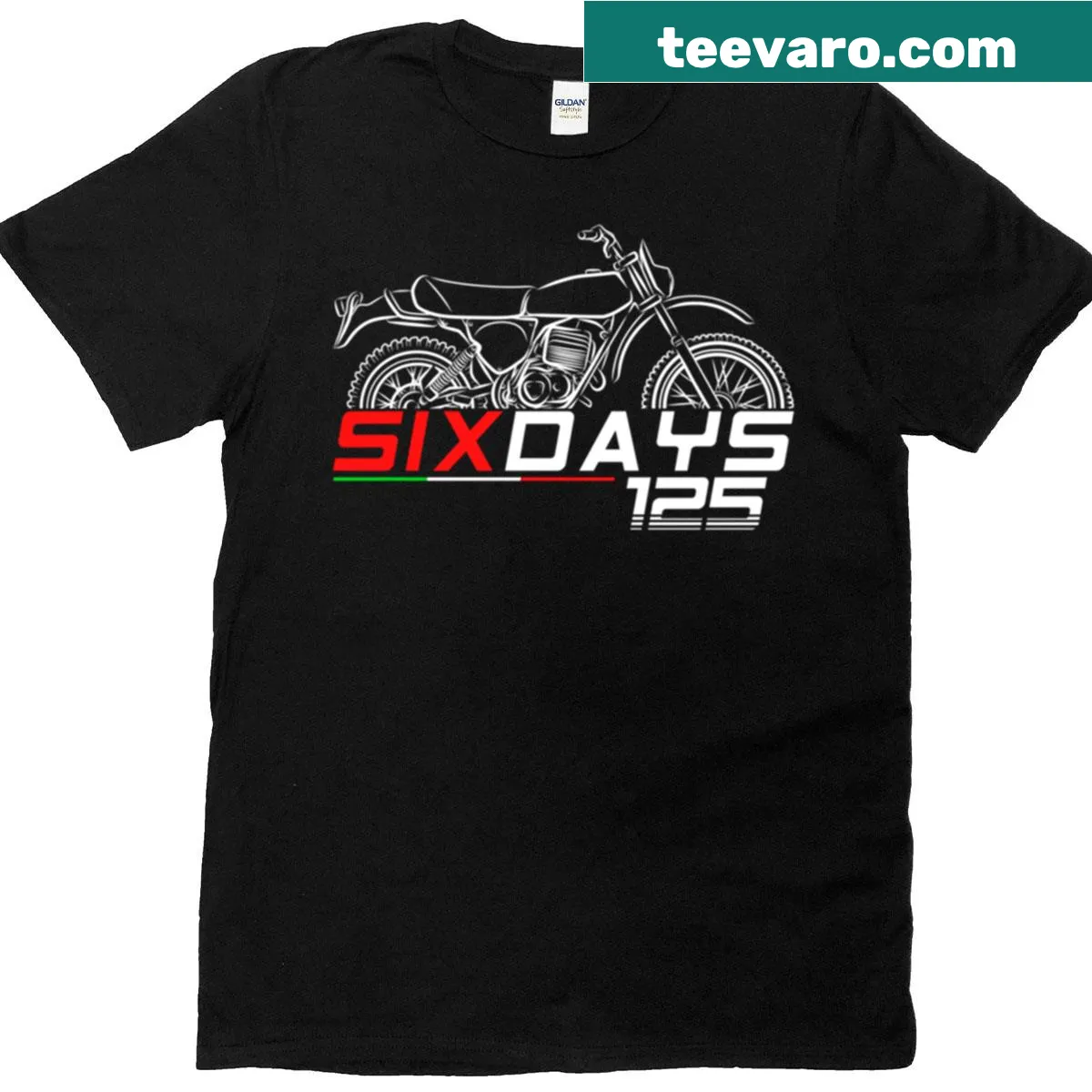 Vintage Ducati 125 Six Days motorcycle graphic T-shirt — on a men's t-shirt