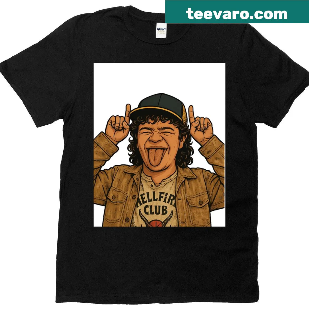 Dustin Hellfire Club Vibes graphic printed on a T-shirt — on a men's t-shirt