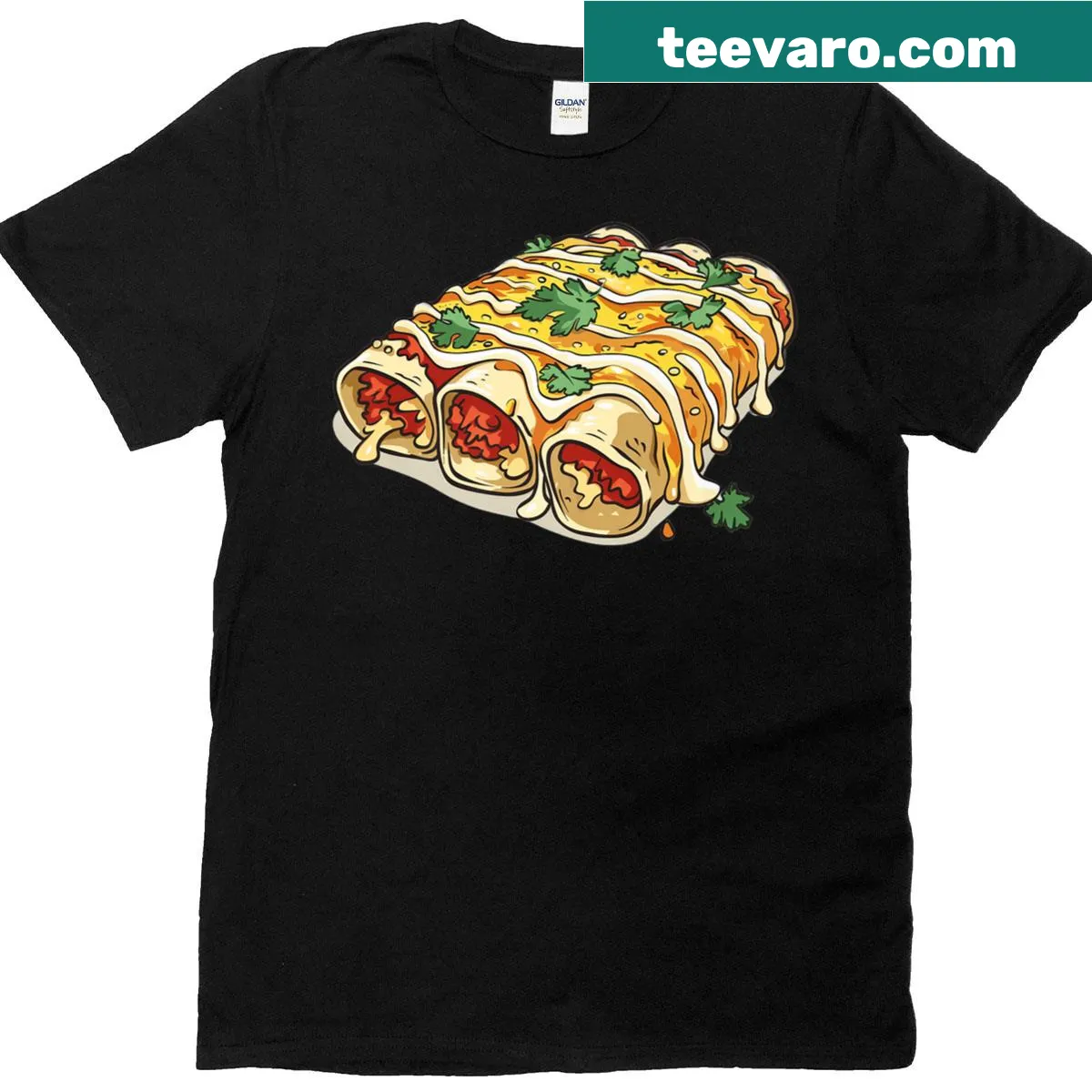 Cartoon enchiladas graphic t-shirt — on a men's t-shirt