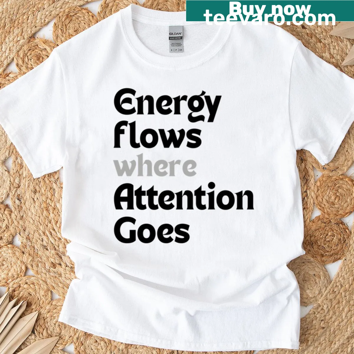 Motivational typography design on shirt about energy and focus — on a men's t-shirt