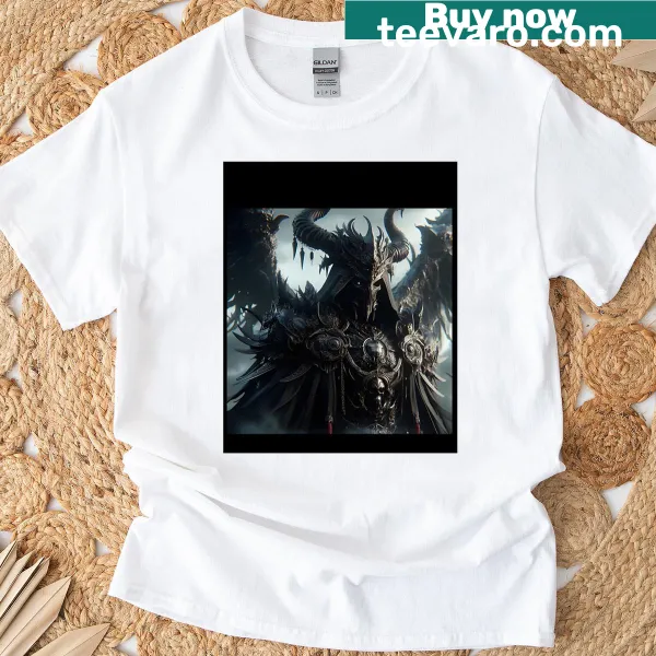 Demon king graphic on shirt, showcasing fierce warrior imagery