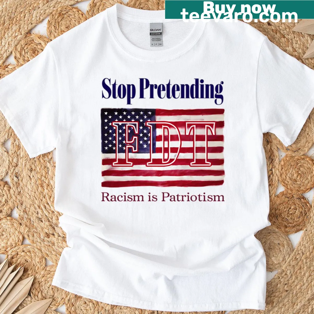 Bold text t-shirt addressing racism and patriotism — on a men's t-shirt