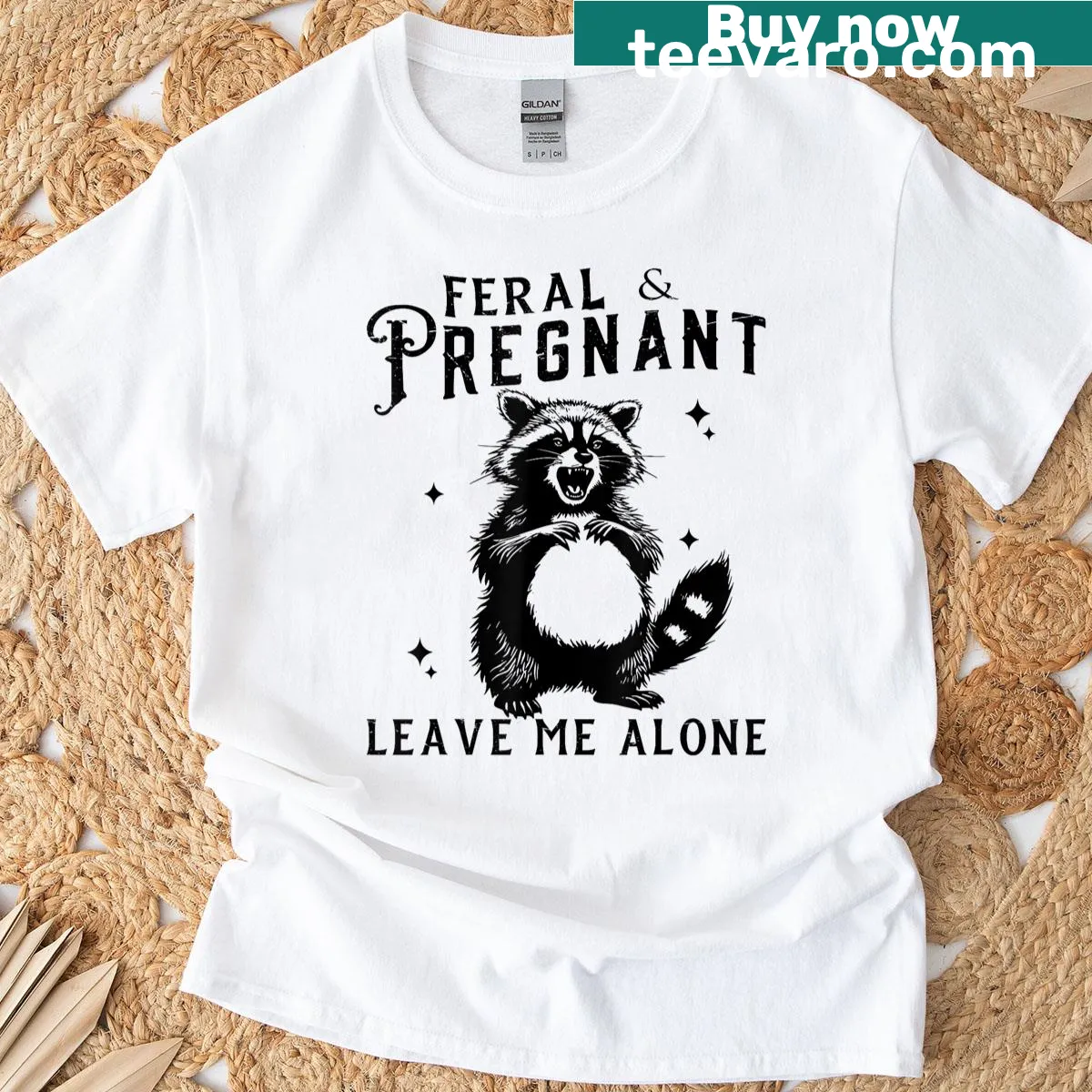 Funny pregnant mom t-shirt with a raccoon and whimsical text — on a men's t-shirt