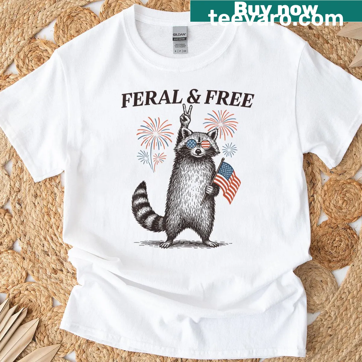 Funny raccoon graphic t-shirt with patriotic elements — on a men's t-shirt