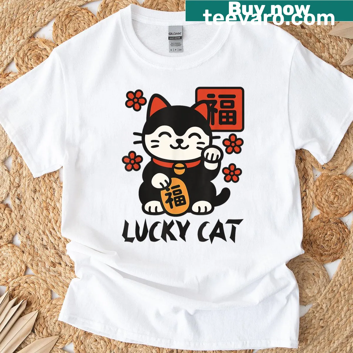 Kawaii T-shirt featuring a cute illustration of a Maneki Neko lucky cat — on a men's t-shirt