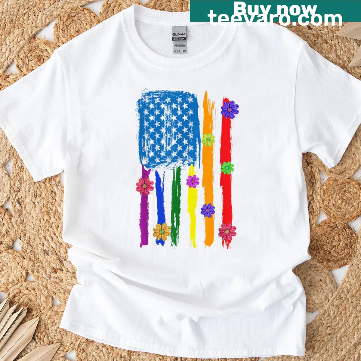 Floral rainbow pride flag T-shirt celebrating LGBTQ+ allyship — on a men's t-shirt