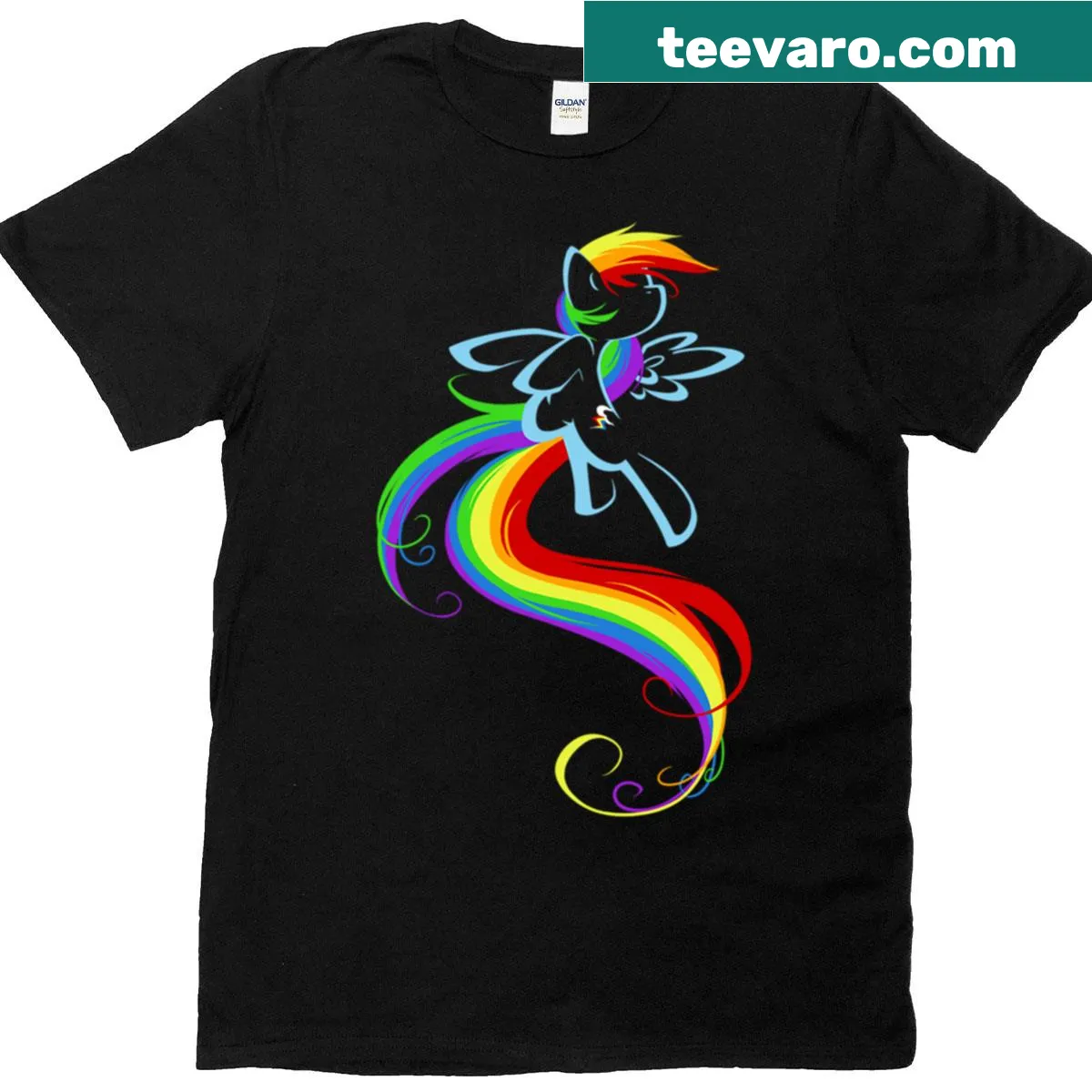 Abstract flowing typography in rainbow colors on a t-shirt — on a men's t-shirt