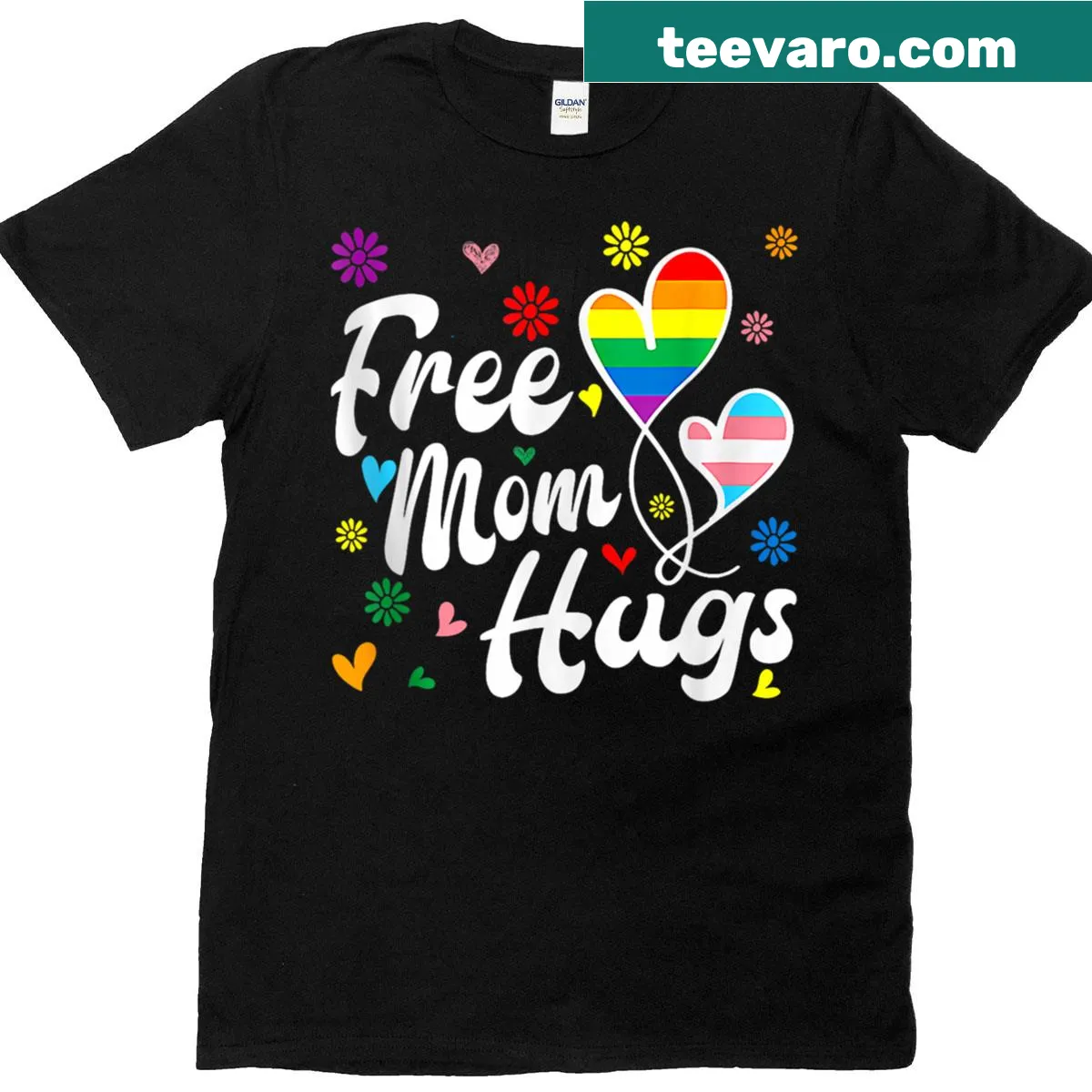 T-shirt with 'Free Mom Hugs' supporting LGBTQIA+ pride and acceptance — on a men's t-shirt