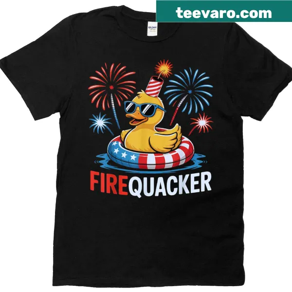 Funny 4th of July T-shirt with cartoon duck named Firequacker