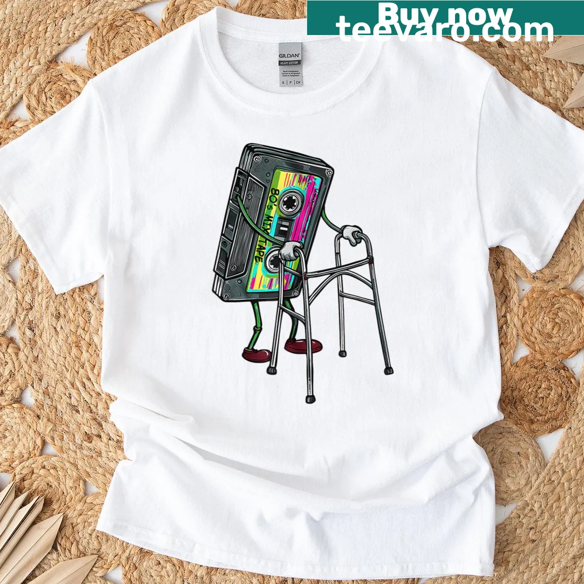 T-shirt featuring retro mixtape cassette graphic and funny slogan — on a men's t-shirt
