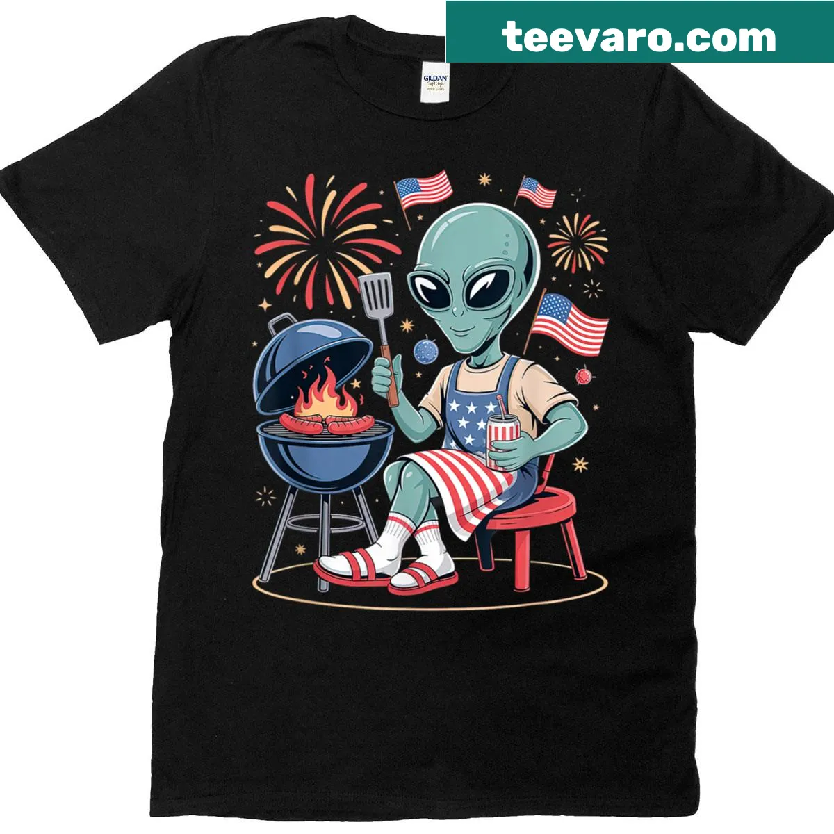 Cartoon alien grilling at a BBQ for the 4th of July — on a men's t-shirt