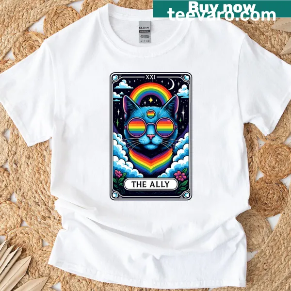 T-shirt with a tarot card design featuring a cat in sunglasses for LGBTQ+ pride