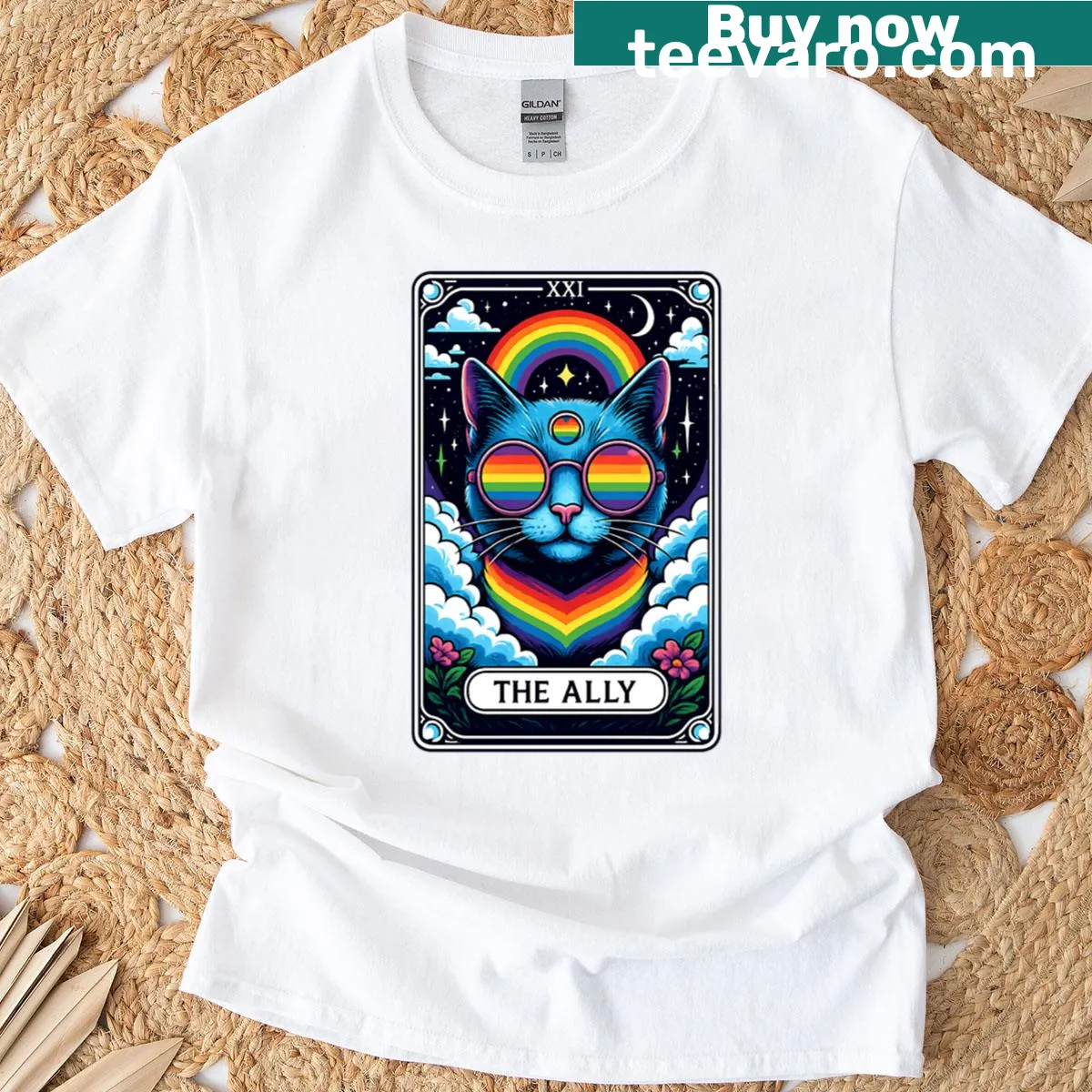 T-shirt with a tarot card design featuring a cat in sunglasses for LGBTQ+ pride — on a men's t-shirt