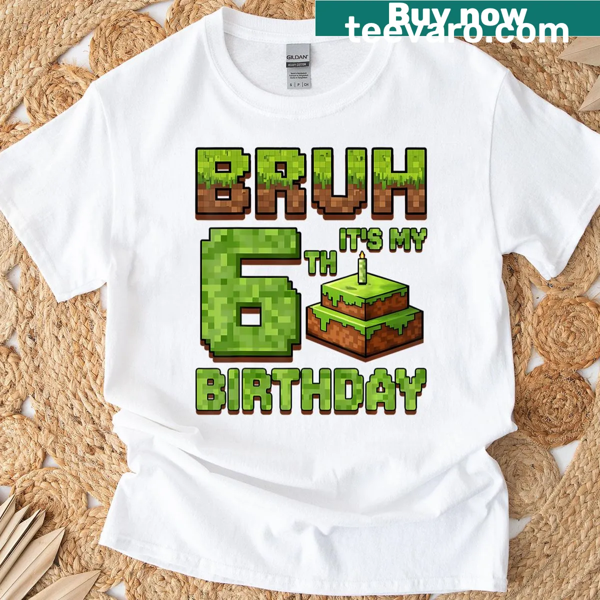 Cartoon pixel art t-shirt for a boy's 6th birthday celebration — on a men's t-shirt
