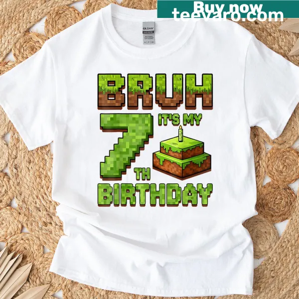 Pixel art T-shirt for kids with humorous birthday text for turning seven