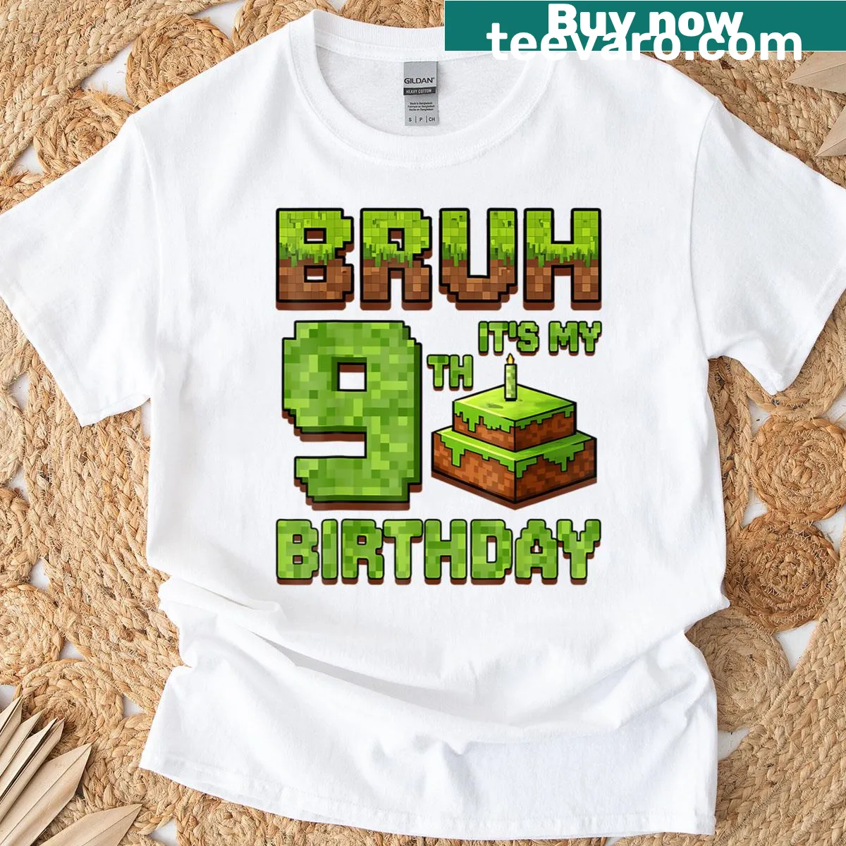 Cartoon pixel art t-shirt for a boy's 9th birthday celebration — on a men's t-shirt