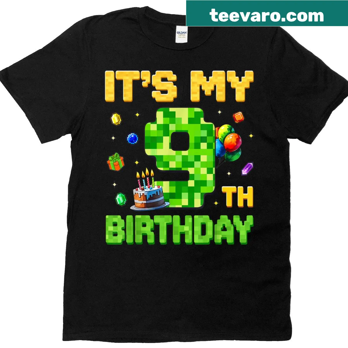 Pixel art birthday t-shirt for a 9-year-old gamer — on a men's t-shirt