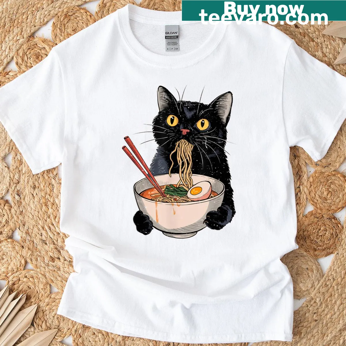 Kawaii T-shirt featuring a black cat with ramen, perfect for cat and anime lovers — on a men's t-shirt