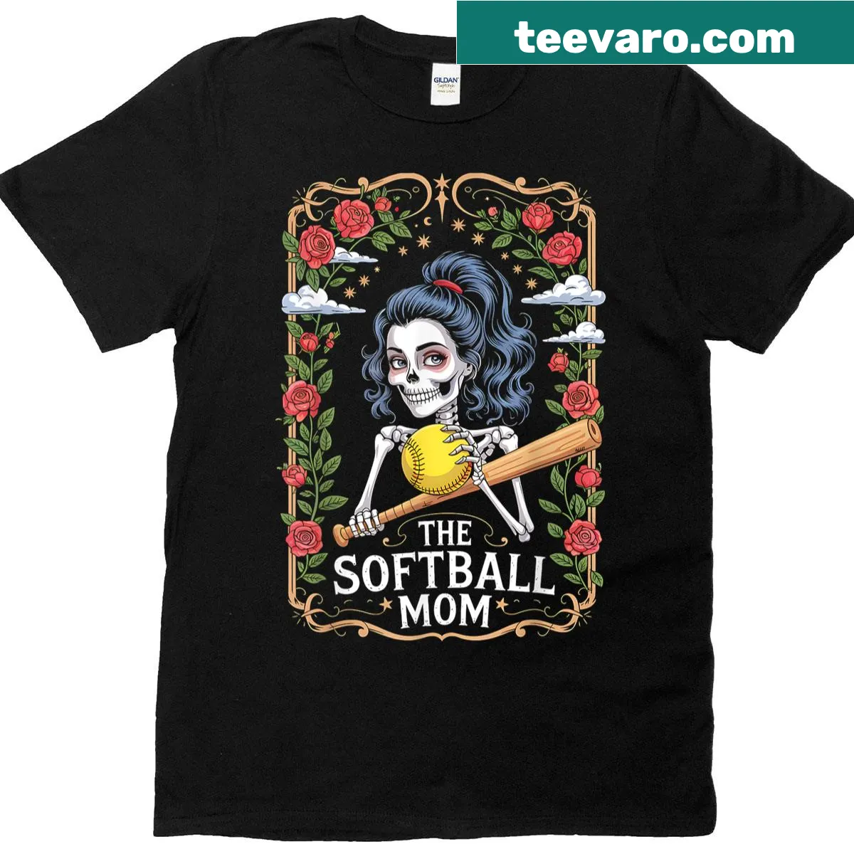Gothic floral T-shirt featuring a skeleton and humorous text — on a men's t-shirt