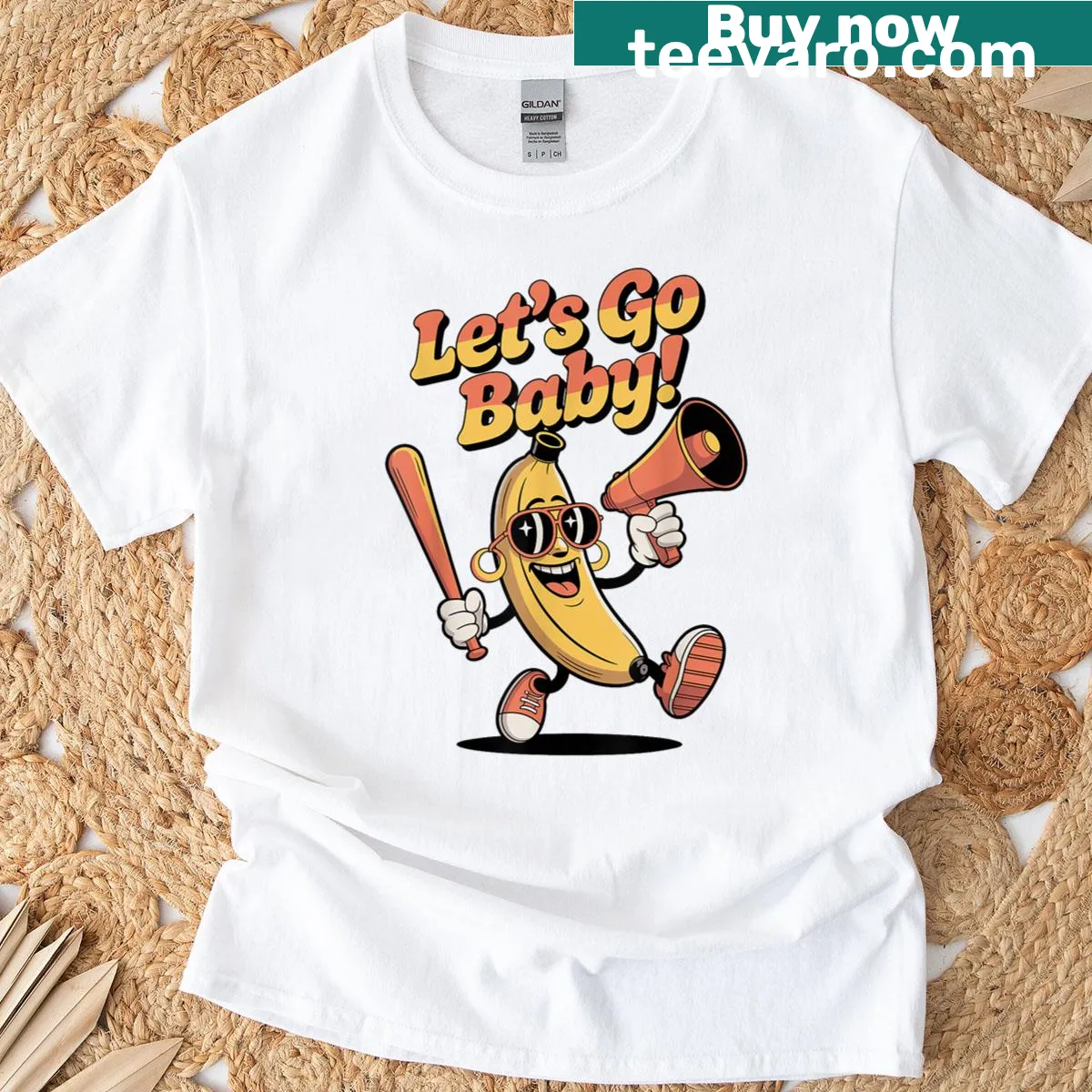 Cartoon banana with megaphone sports cheering graphic — on a men's t-shirt