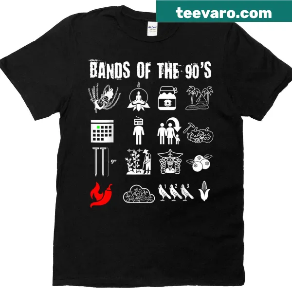 Iconic 90s alternative rock band names on a humorous t-shirt