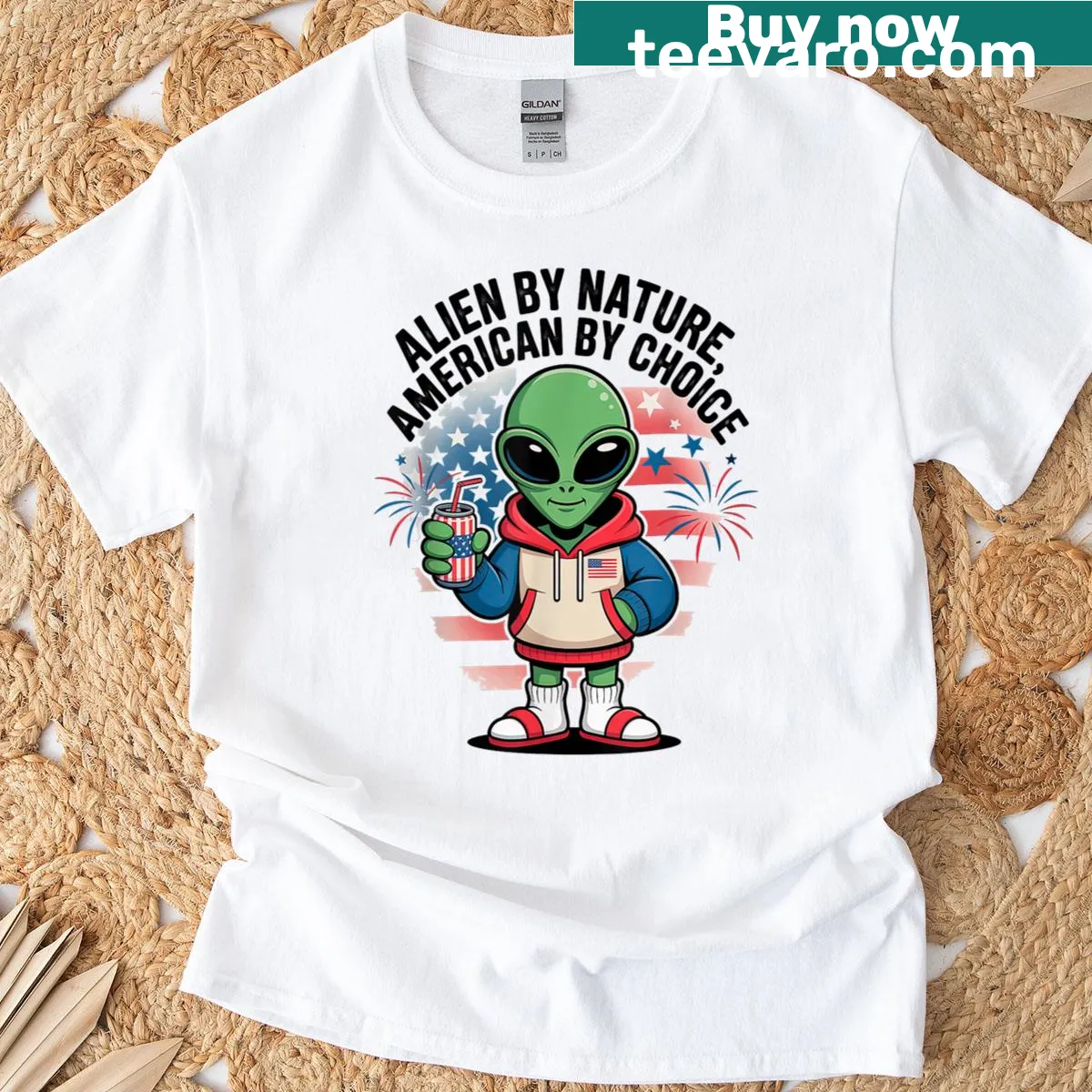 Cartoon alien in patriotic attire for Fourth of July — on a men's t-shirt