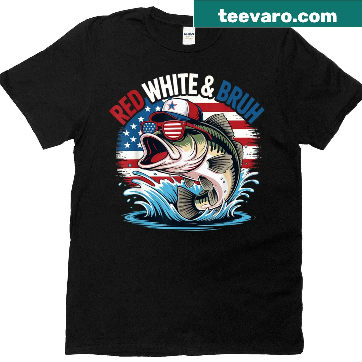 Funny fishing graphic with patriotic theme for 4th of July — on a men's t-shirt