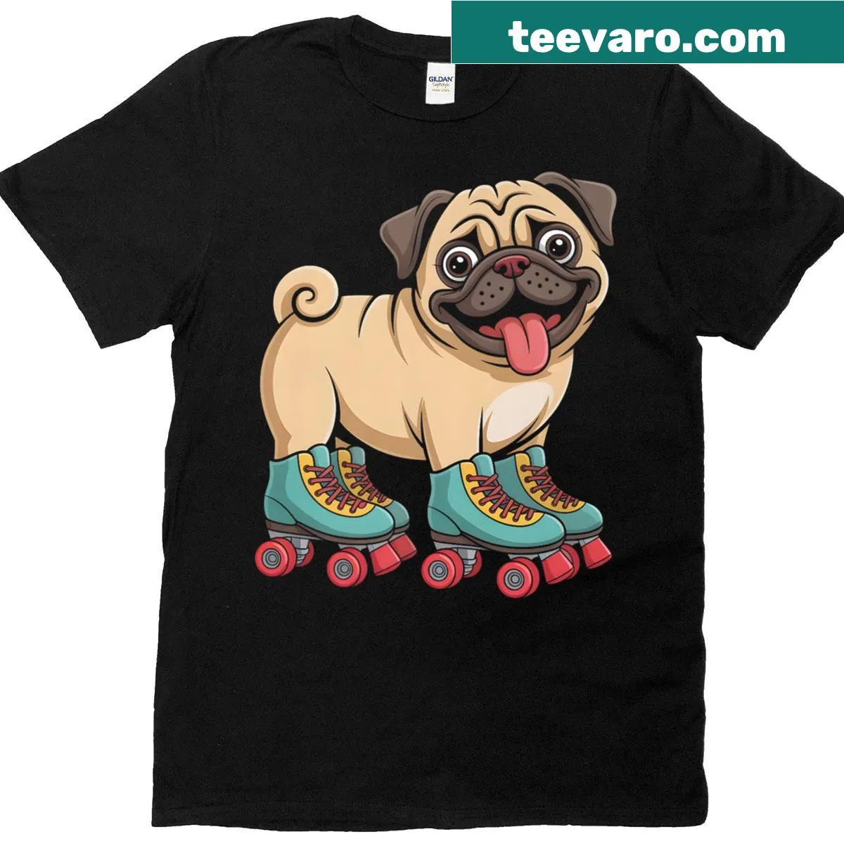 Cartoon graphic of a pug on roller skates on a humorous t-shirt — on a men's t-shirt