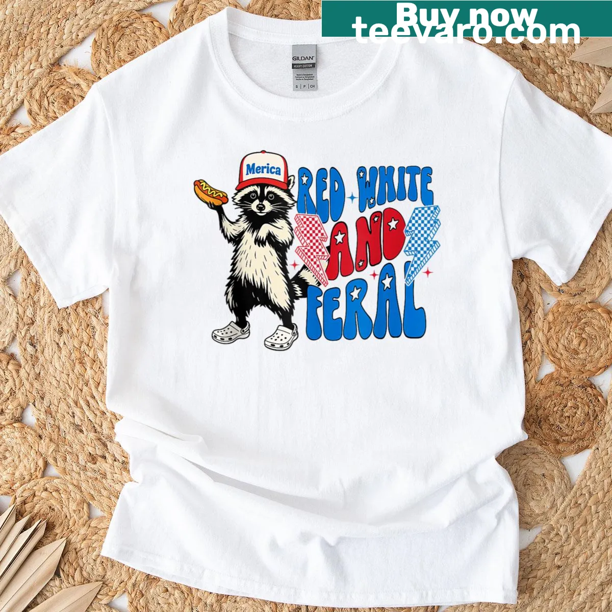 Patriotic raccoon cartoon for Fourth of July — on a men's t-shirt
