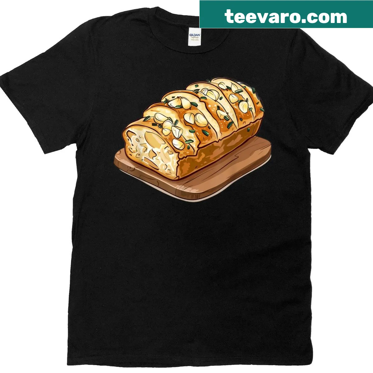 Cartoon garlic bread graphic on T-shirt — on a men's t-shirt