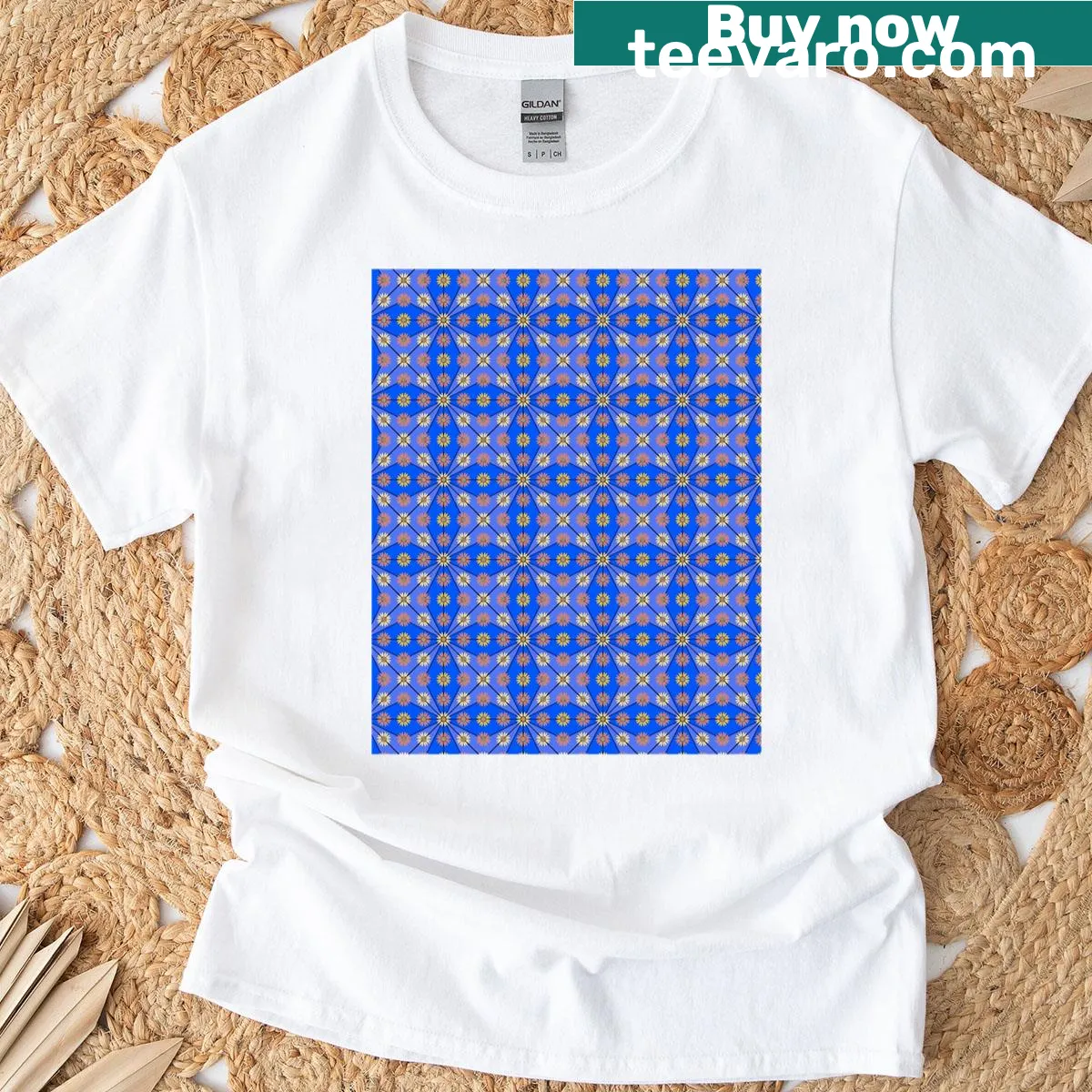 Graphic t-shirt featuring geometric daisies in a playful design — on a men's t-shirt