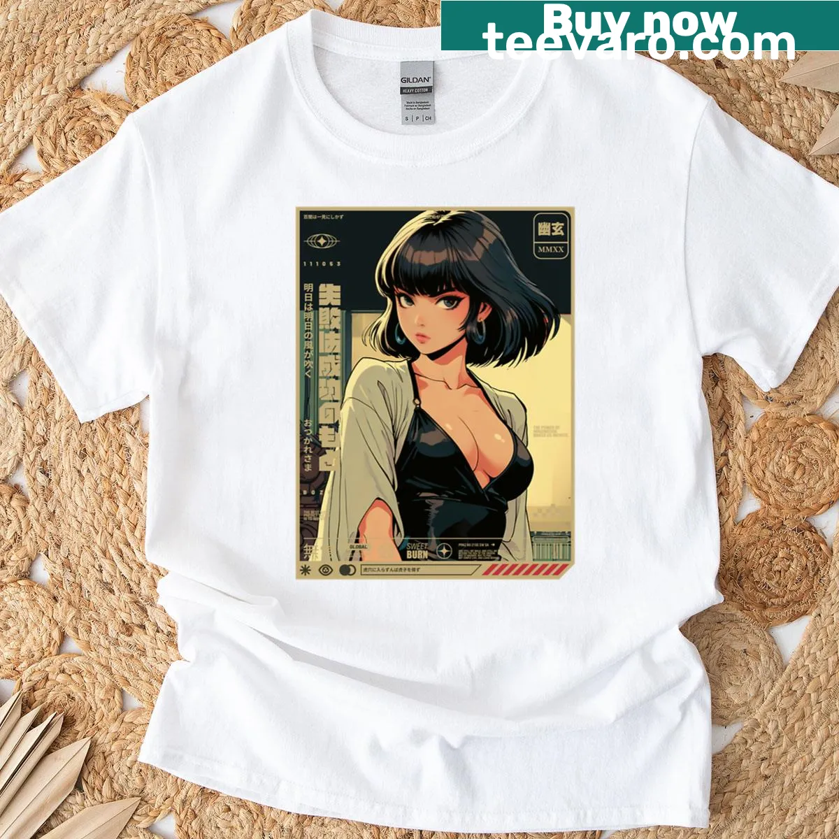 Minimalist illustration of a girl with black hair on a t-shirt — on a men's t-shirt