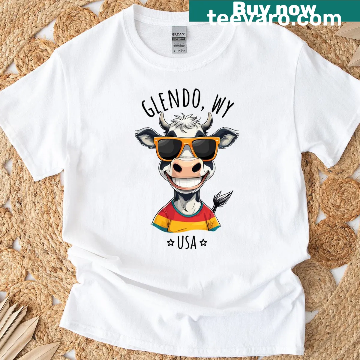 Funny cartoon cow design T-shirt representing Glendo, Wyoming. — on a men's t-shirt
