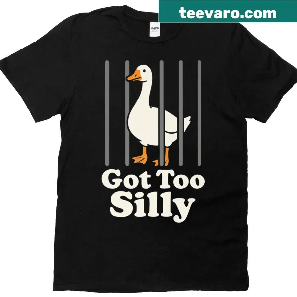 Cartoon graphic of a goose behind bars on T-shirt