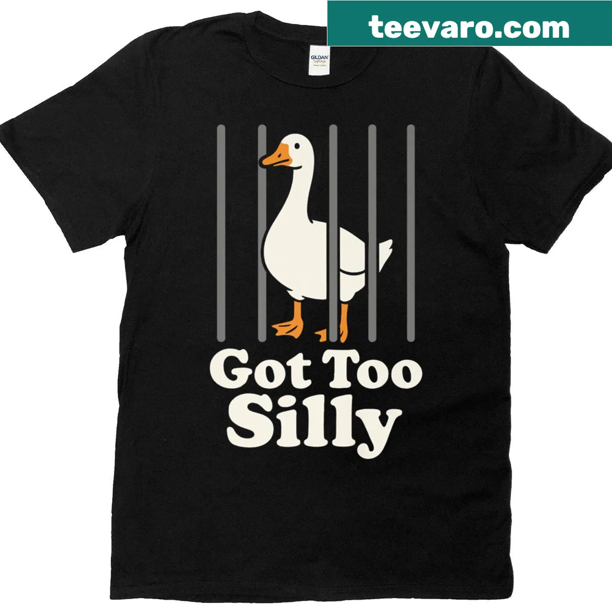 Cartoon graphic of a goose behind bars on T-shirt — on a men's t-shirt