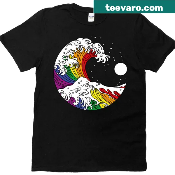 Artistic T-shirt featuring Great Wave of Kanagawa with rainbow flag colors