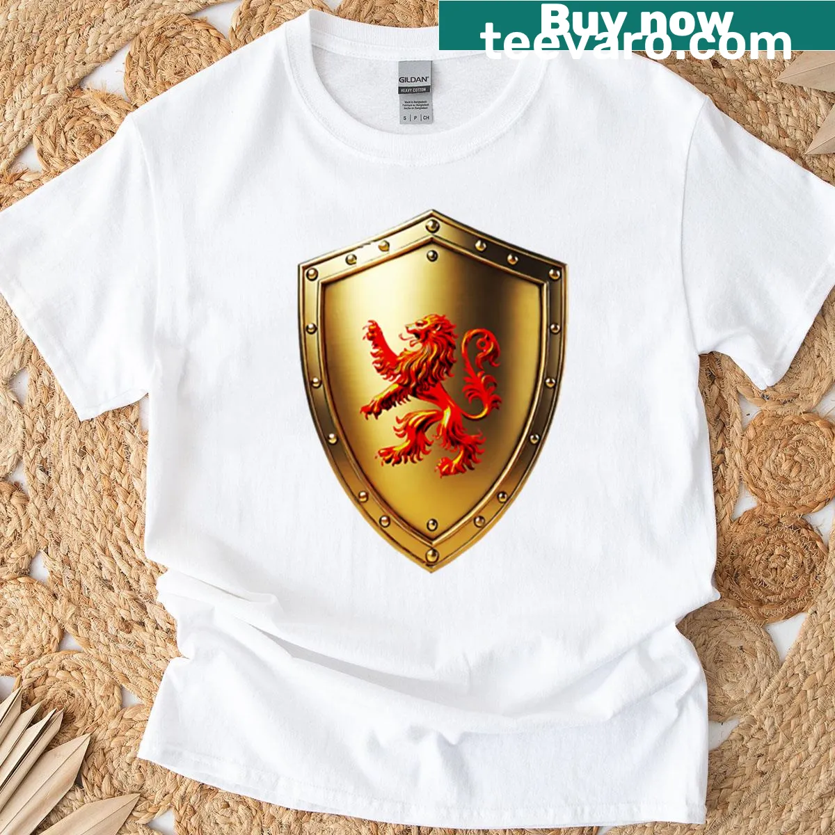 Oversized T-shirt featuring a bold red lion rampant on golden armor — on a men's t-shirt
