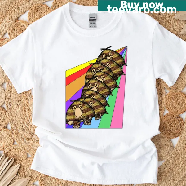 Fitted t-shirt featuring a whimsical Grugs rainbow design