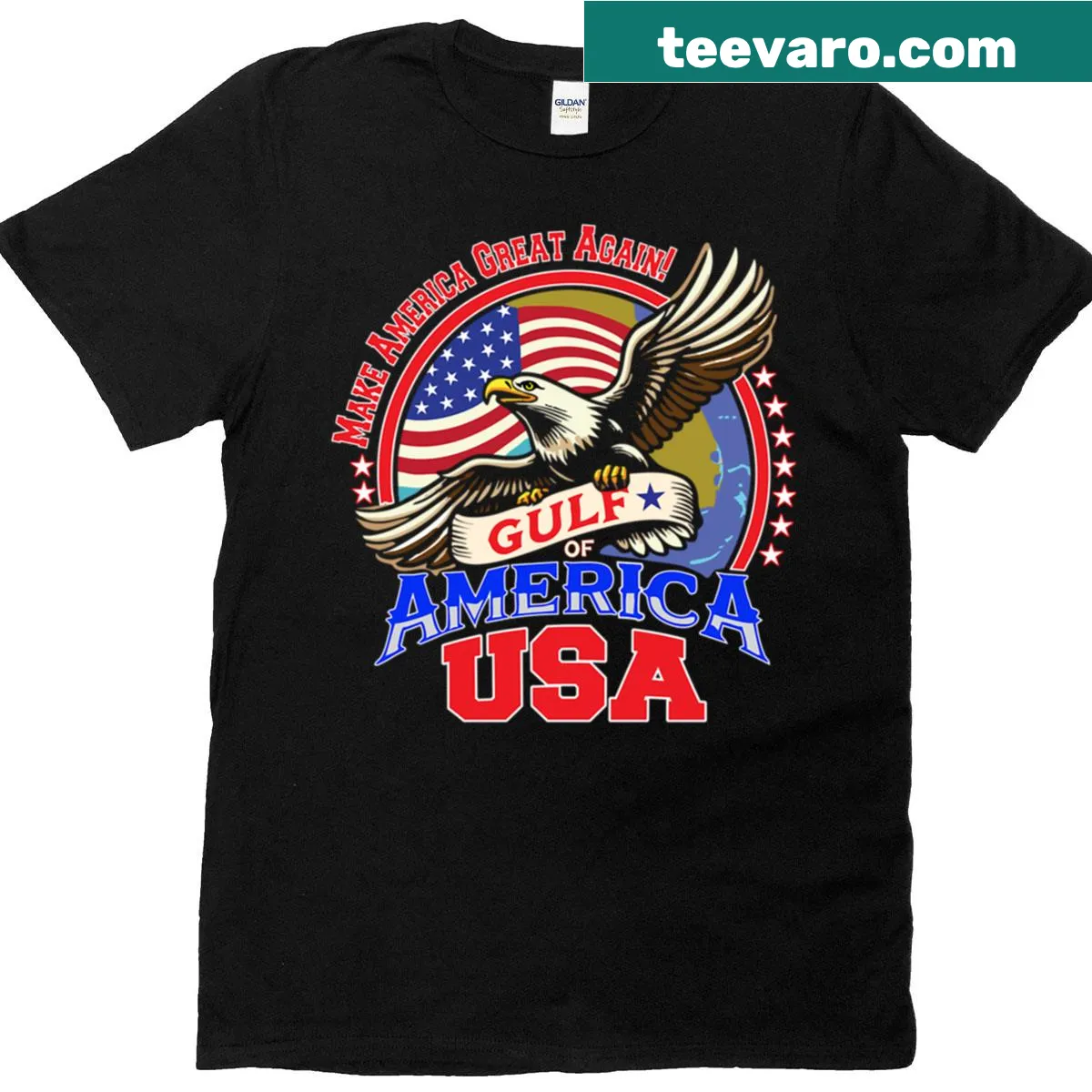 Illustrative design representing the Gulf of America — on a men's t-shirt