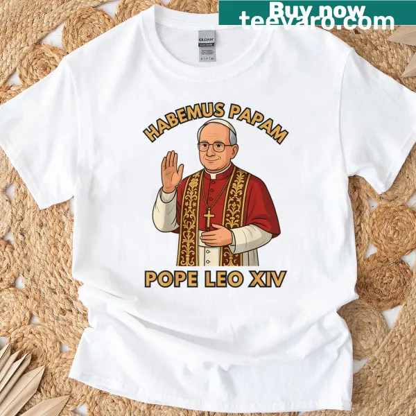 Cute cartoon Pope Leo XIV graphic on a humorous t-shirt