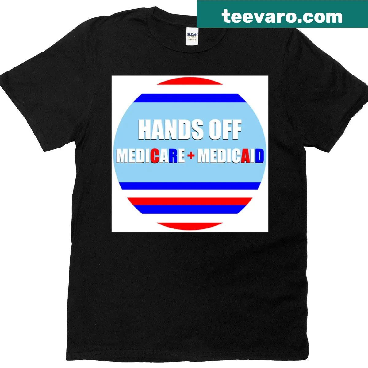 Oversized t-shirt with the phrase 'Hands Off Medicare Medicaid' prominently displayed — on a men's t-shirt