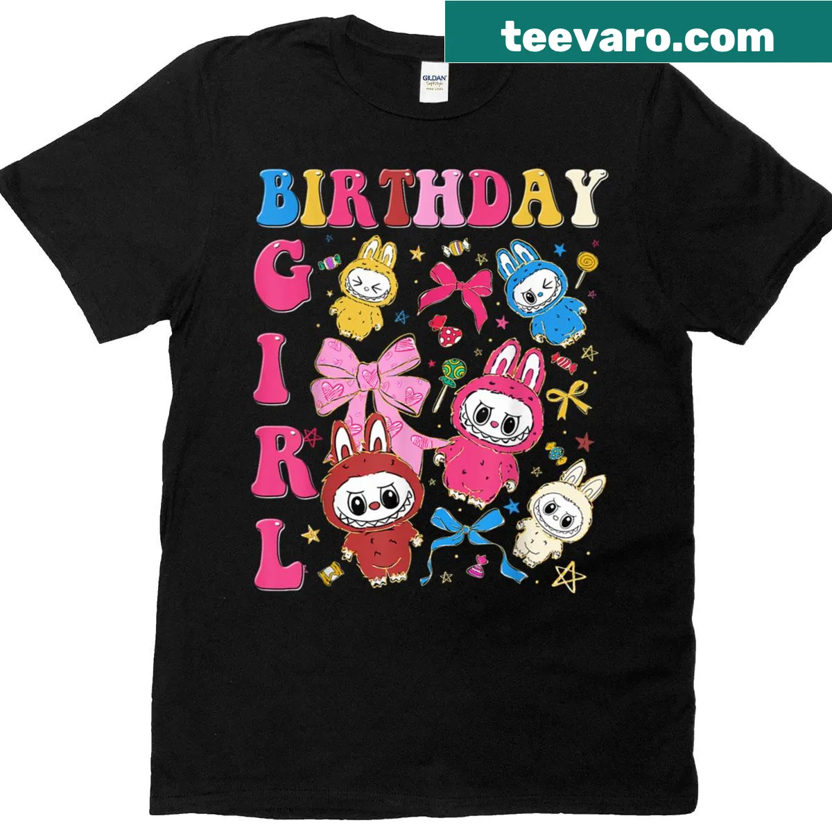 Cheerful Labubu birthday t-shirt for girls with festive decorations — on a men's t-shirt