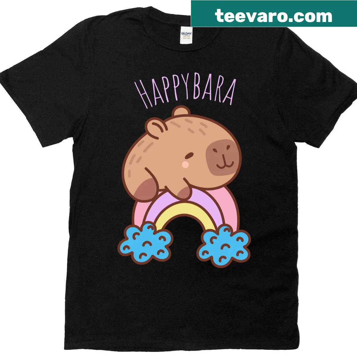 T-shirt featuring a cute capybara on a rainbow design — on a men's t-shirt