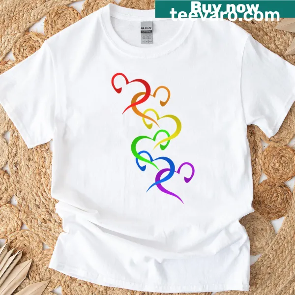 Hearts of Pride graphic in expressive typography on a T-shirt