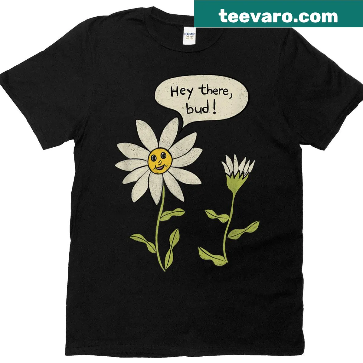 Cartoon daisy t-shirt with 'Hey There Bud' text — on a men's t-shirt