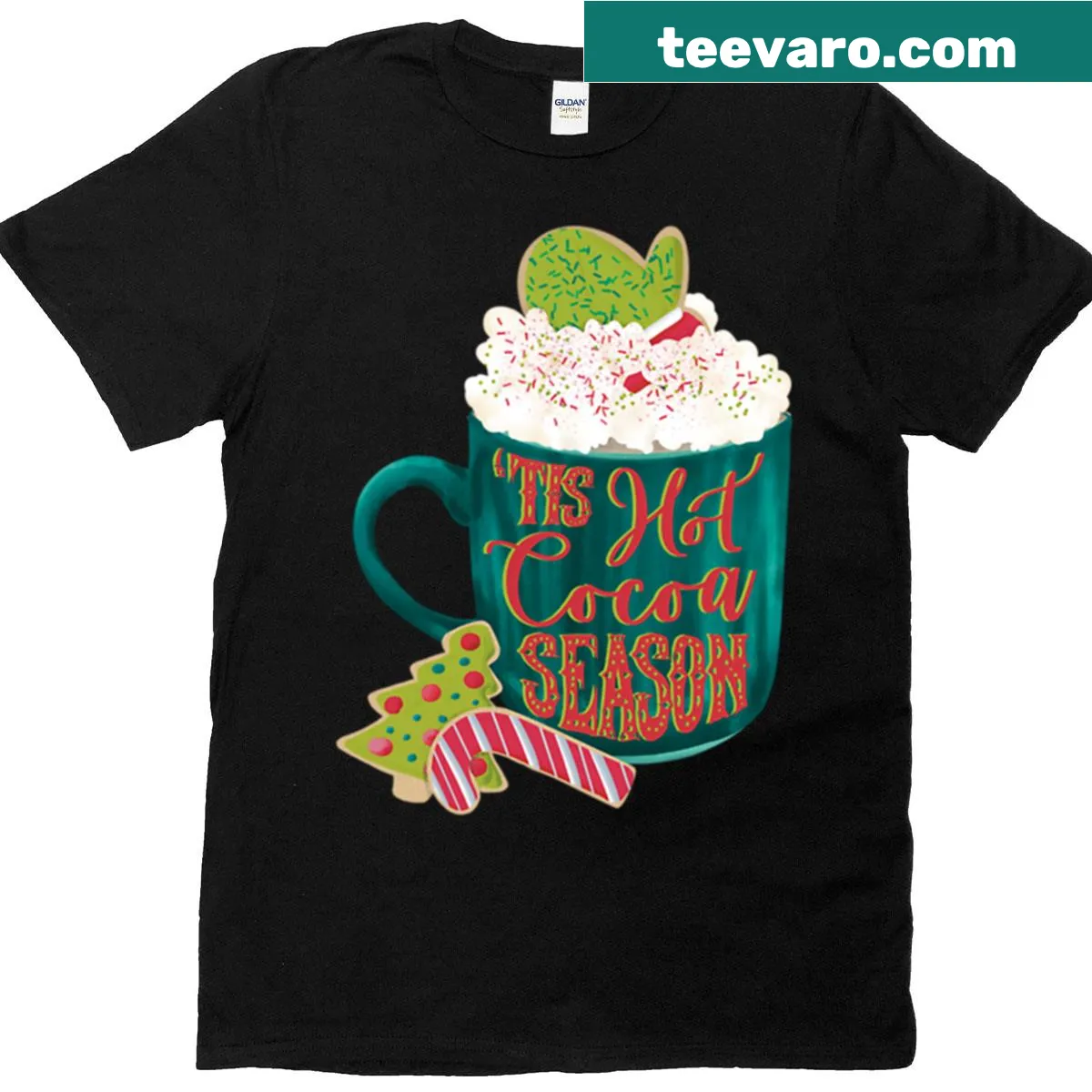 Whimsical typography celebrating hot cocoa season on a t-shirt — on a men's t-shirt