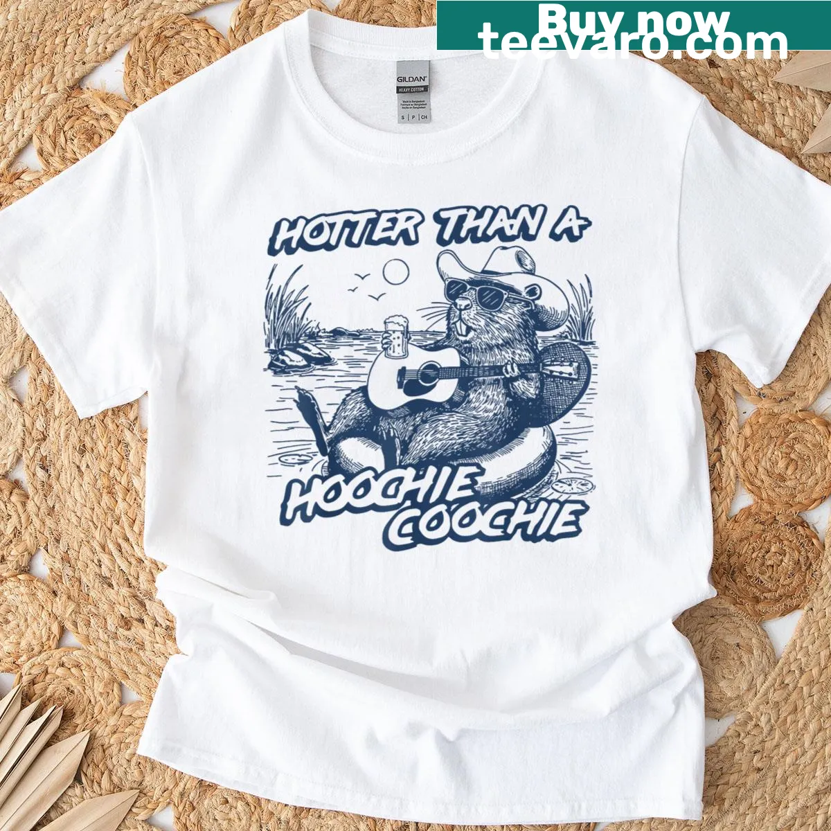 Text-based design with 'Hotter Than A Hoochie' phrase — on a men's t-shirt