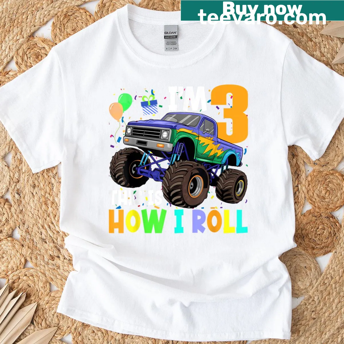 Cartoon monster truck with text for a 3rd birthday celebration — on a men's t-shirt