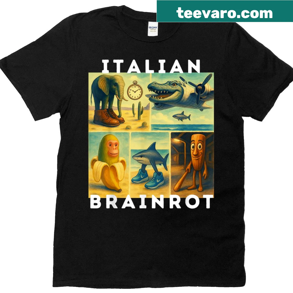 Funny meme-themed t-shirt with cartoon and watercolor art — on a men's t-shirt