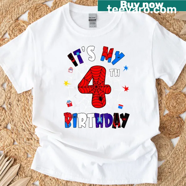 Spider themed birthday t-shirt for boys celebrating their 4th birthday